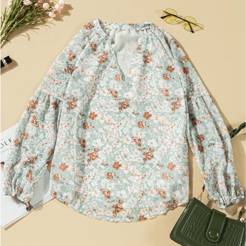 Womens Fall Boho V-Neck Long Sleeve Floral Shirts Blouses Casual Loose Chiffon